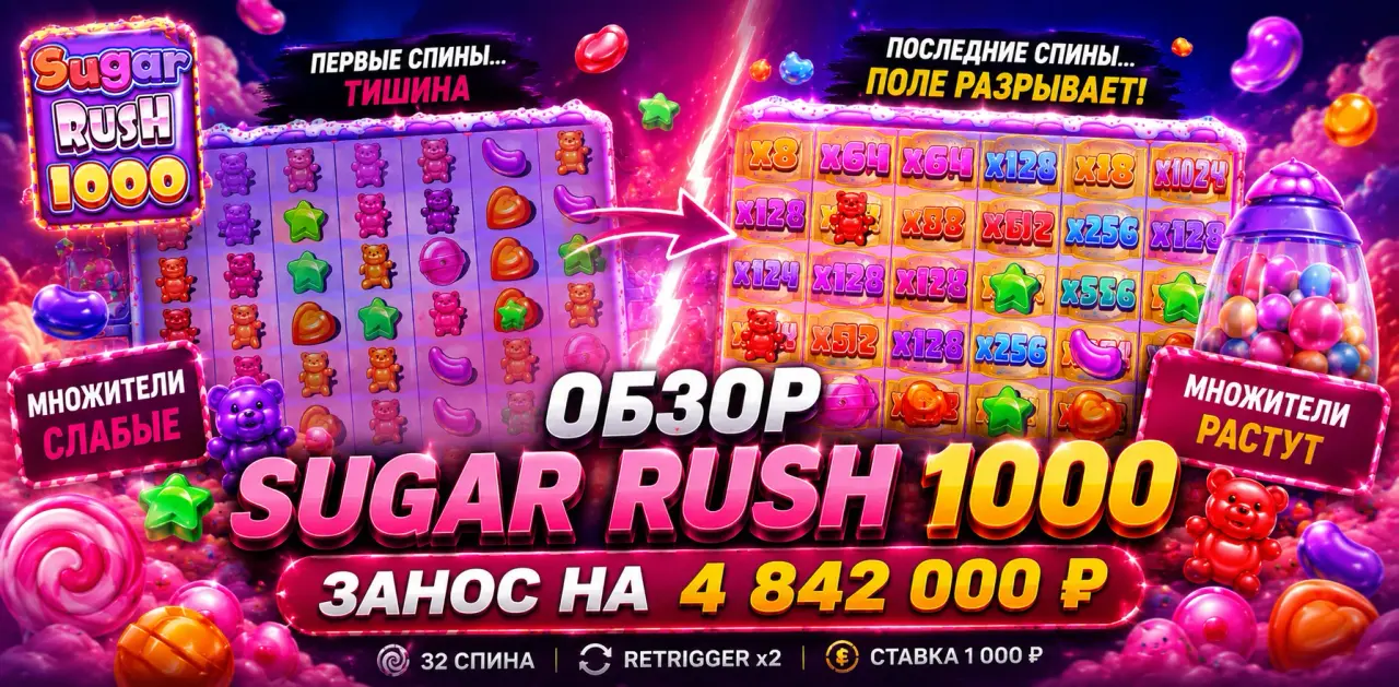 Бонусный раунд Sugar Rush 1000 с ретриггерами и заносом на x4842